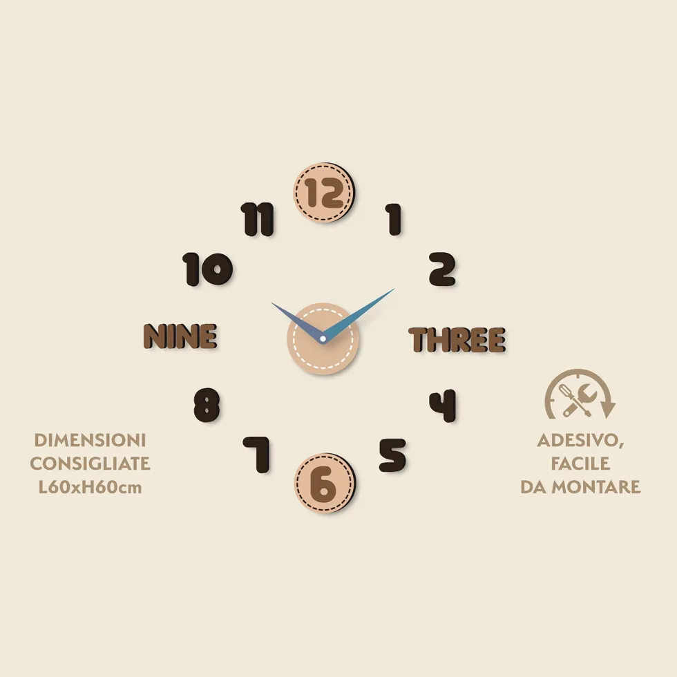 Orologio da Parete Adesivo Brown Effetto Legno Fai da Te 60x60 cm