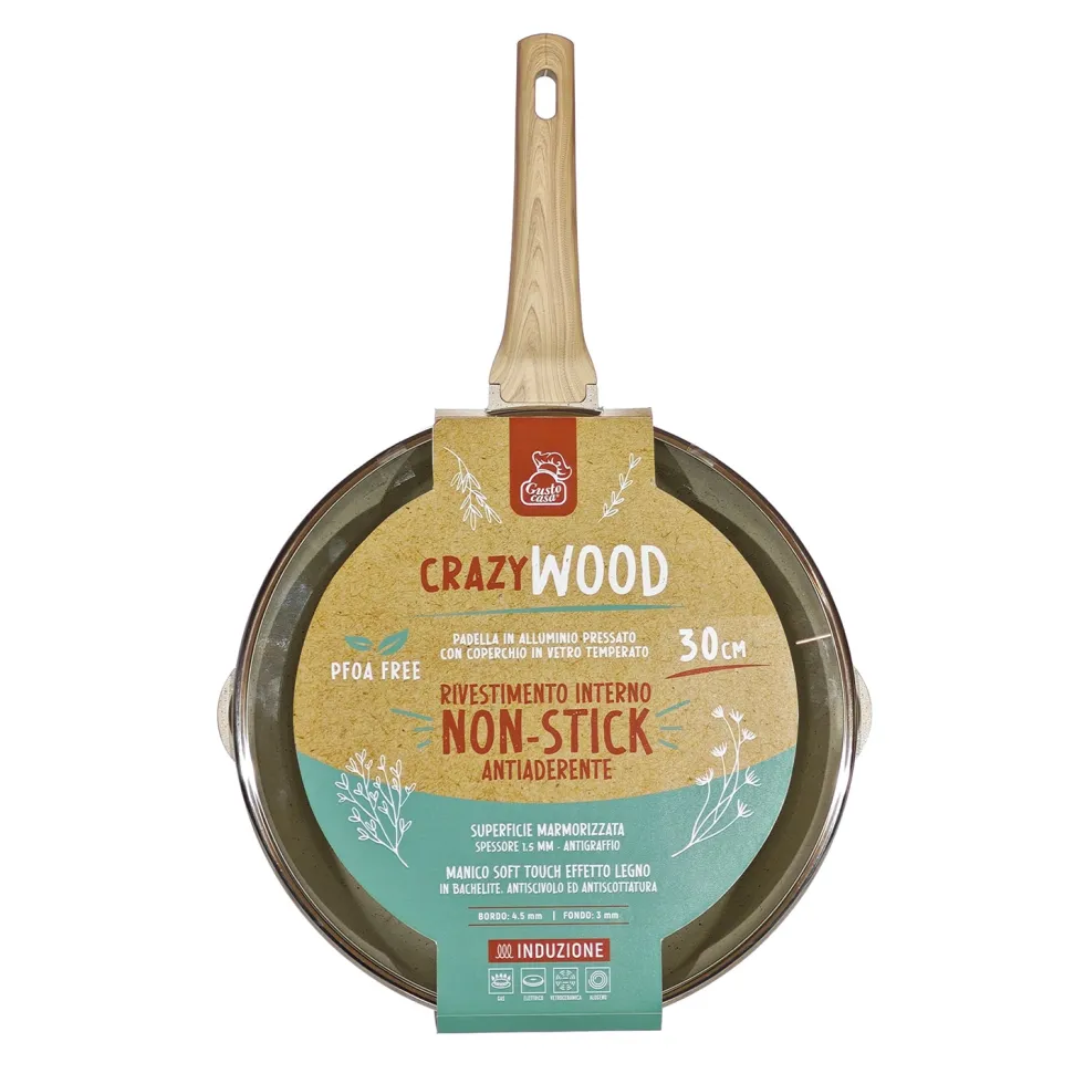 Padella Antiaderente in alluminio pressato con Coperchio in Vetro e Doppio Scolo Crazy Wood diametro 30 cm