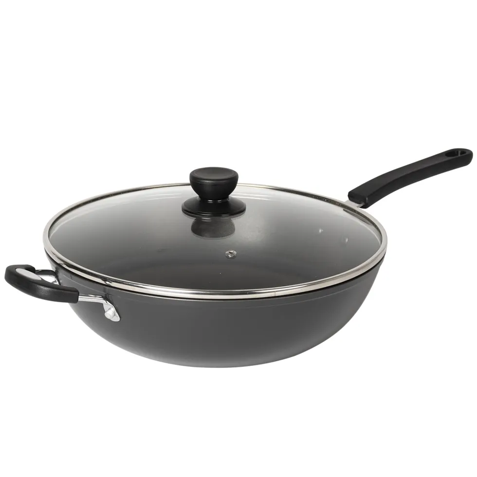 Padella Wok in alluminio pressato con coperchio in vetro Linea Black Crown