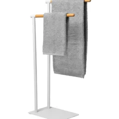 Piantana Portasciugamani 2 posti in acciaio inox Bianco con elementi in bamboo