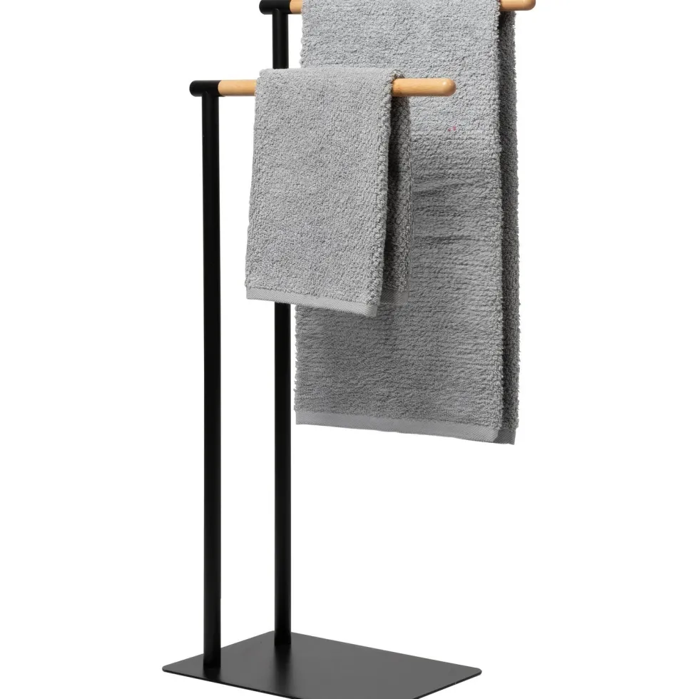 Piantana Portasciugamani 2 posti in acciaio inox Nero con elementi in bamboo