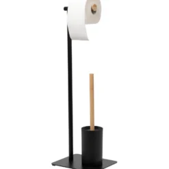 Piantana portascopino e portarotolo in acciaio inox Nero con elementi in bamboo