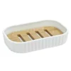 Porta saponetta in Polipropilene Bianco Rigato e Bamboo 12,5x7,5 cm