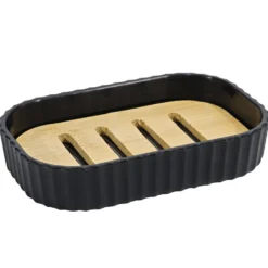 Porta saponetta in Polipropilene Nero Rigato e Bamboo 12,5x7,5 cm