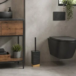 Portascopino con Scopino in Ceramica Nero e Bamboo Design Geometrico