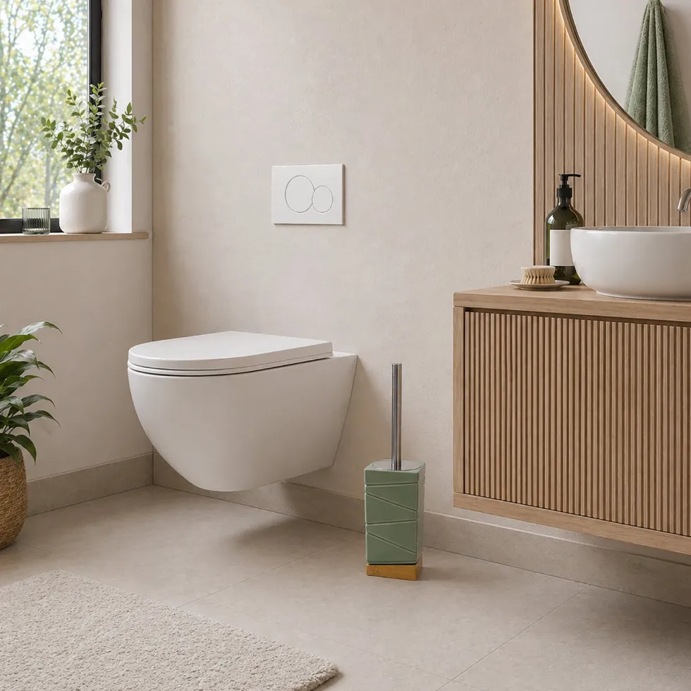 Portascopino con Scopino in Ceramica Verde e Bamboo Design Geometrico