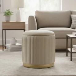 Pouf Contenitore Crema in Velluto Sintetico