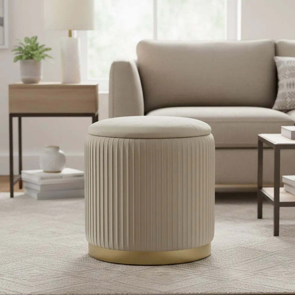 Pouf Contenitore Crema in Velluto Sintetico