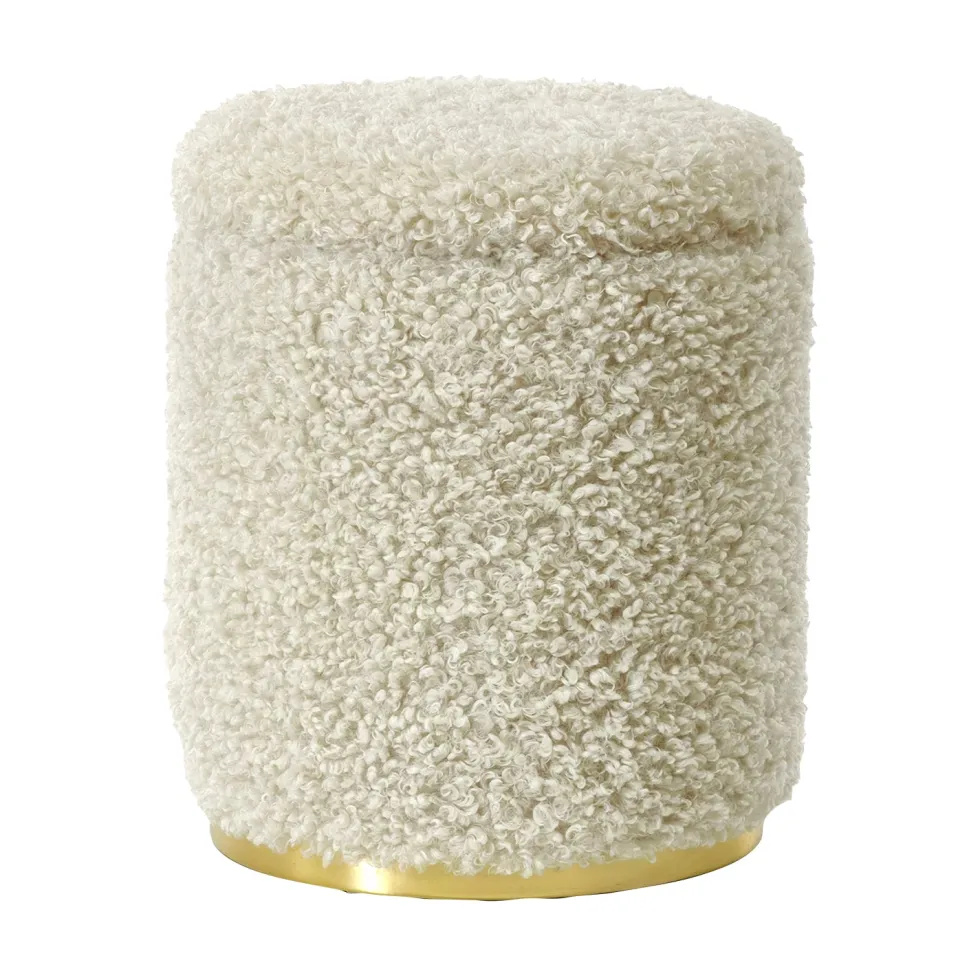 Pouf Contenitore in tessuto Teddy Crema con base in metallo oro