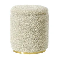 Pouf Contenitore in tessuto Teddy Crema con base in metallo oro