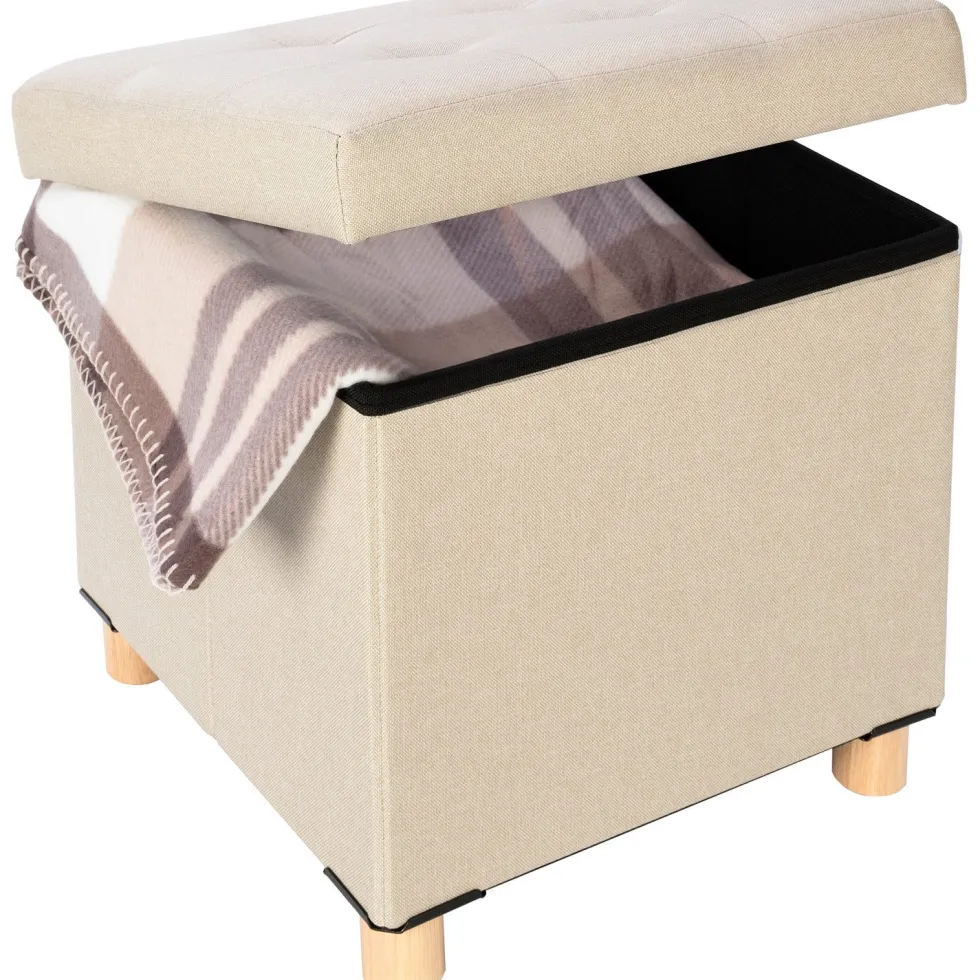 Pouf Contenitore Richiudibile Beige con piedi in legno