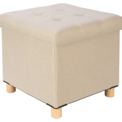 Pouf Contenitore Richiudibile Beige con piedi in legno