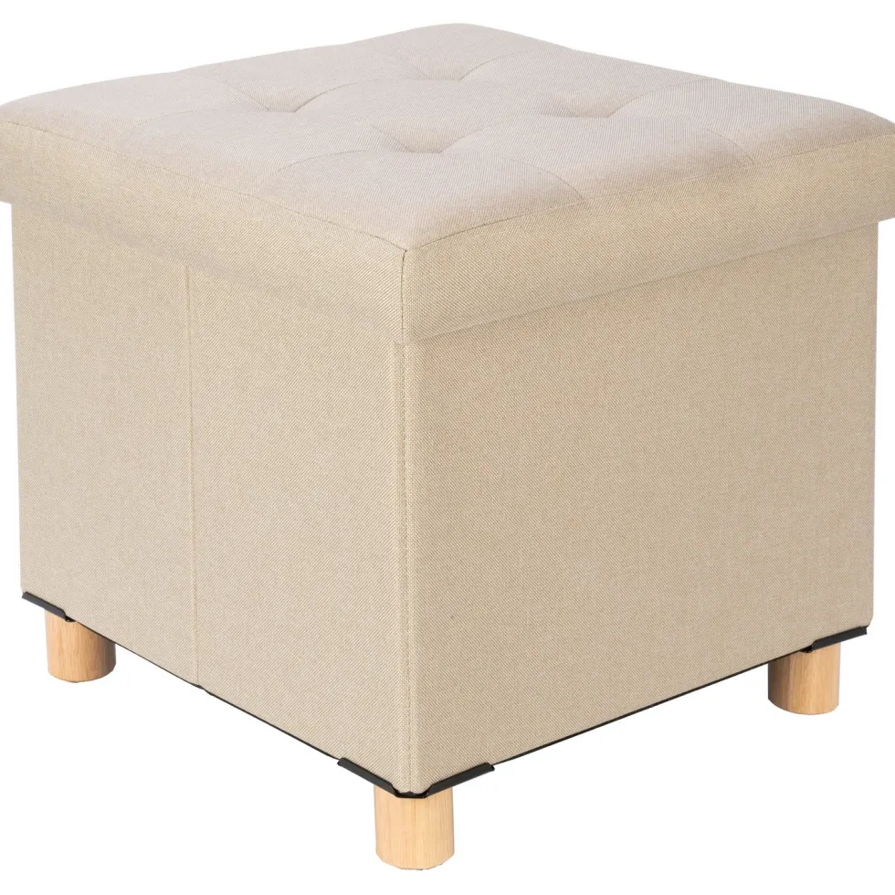 Pouf Contenitore Richiudibile Beige con piedi in legno