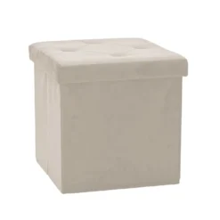 Pouf Contenitore Richiudibile Crema in Velluto Sintetico h38x38x38 cm