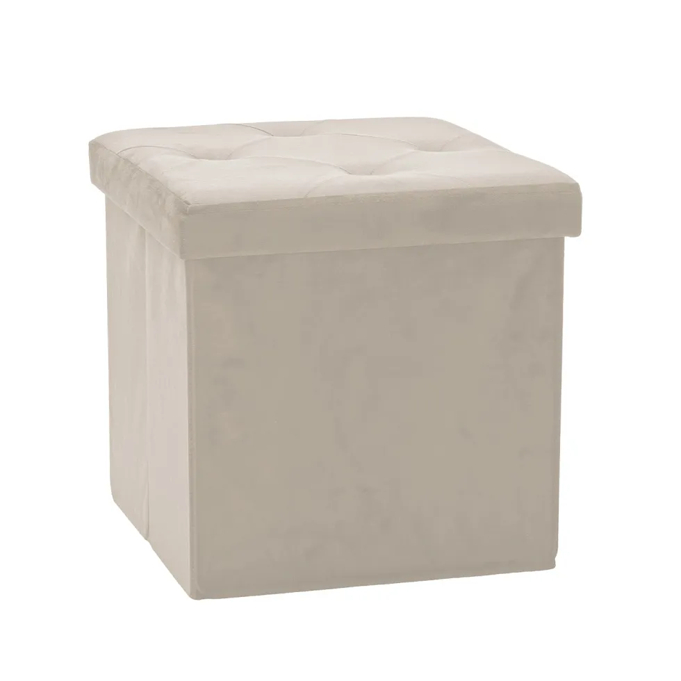 Pouf Contenitore Richiudibile Crema in Velluto Sintetico h38x38x38 cm