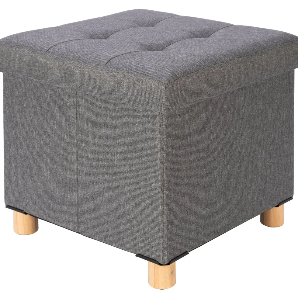 Pouf Contenitore Richiudibile Grigio con piedi in legno