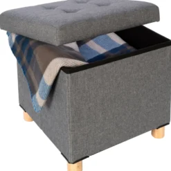 Pouf Contenitore Richiudibile Grigio con piedi in legno