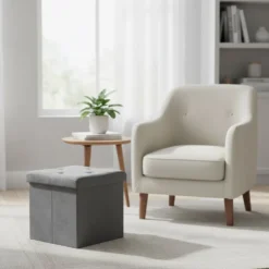 Pouf Contenitore Richiudibile Grigio in Velluto Sintetico h38x38x38 cm