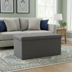 Pouf Contenitore Richiudibile Grigio in Velluto Sintetico h38x76x38 cm