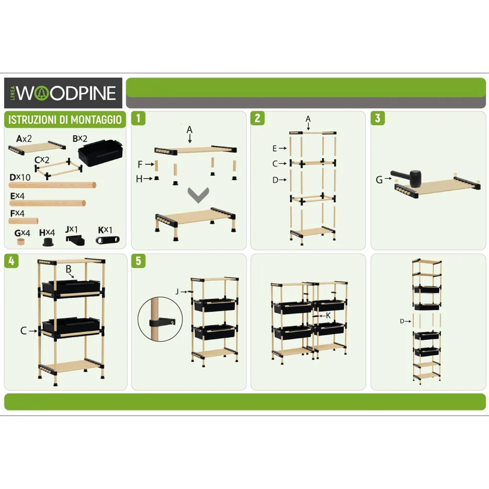 Scaffale Multiuso 2 ripiani e 2 ceste in legno di pino Linea Woodpine