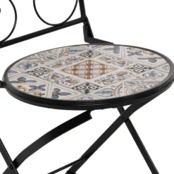 Sedia Pieghevole in metallo nero con maioliche Blu