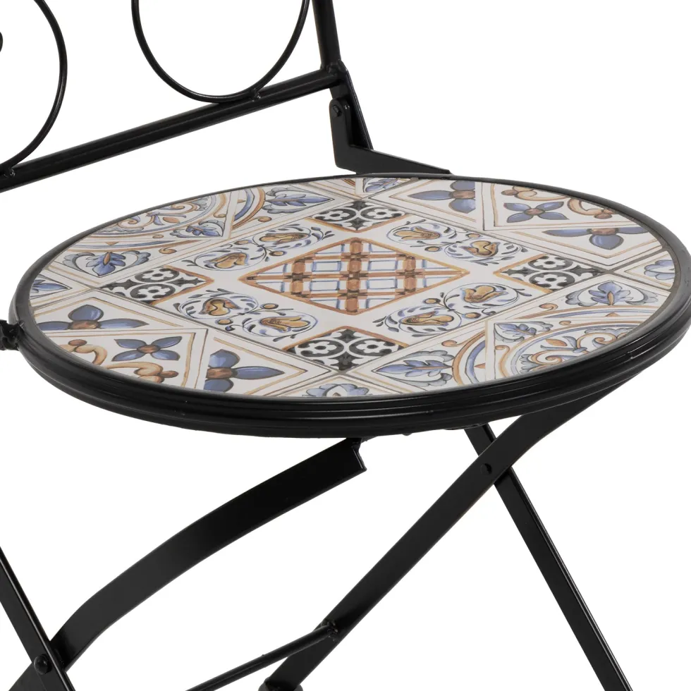Sedia Pieghevole in metallo nero con maioliche Blu