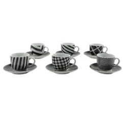 Servizio da caffè in Porcellana 6 tazzine con piattini Bianco e Nero