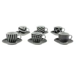Servizio da caffè in Porcellana 6 tazzine con piattini Bianco e Nero