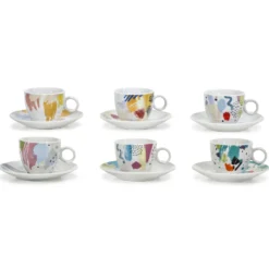 Servizio da caffè in Porcellana 6 tazzine con piattini Fantasia Multicolor