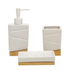 Set Bagno 3 pezzi in Ceramica Bianca e Bamboo Design Geometrico