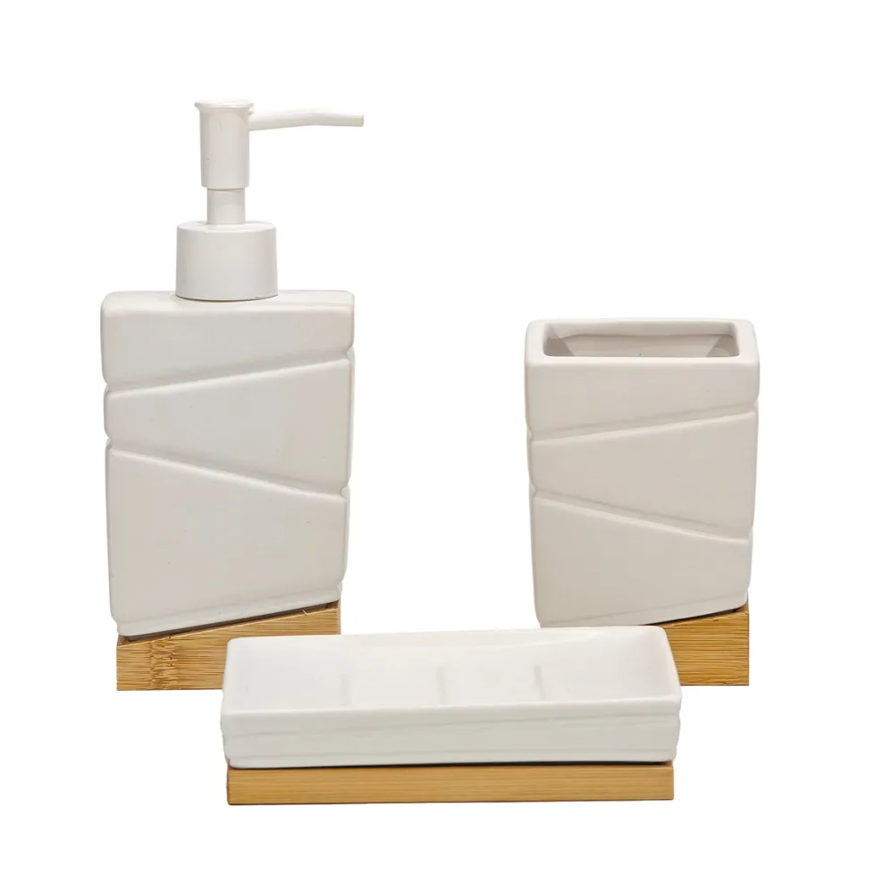 Set Bagno 3 pezzi in Ceramica Bianca e Bamboo Design Geometrico