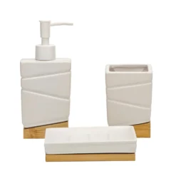 Set Bagno 3 pezzi in Ceramica Bianca e Bamboo Design Geometrico