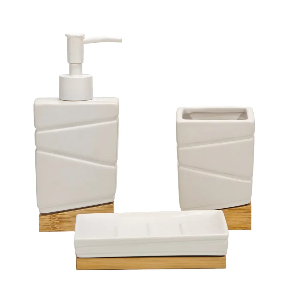 Set Bagno 3 pezzi in Ceramica Bianca e Bamboo Design Geometrico