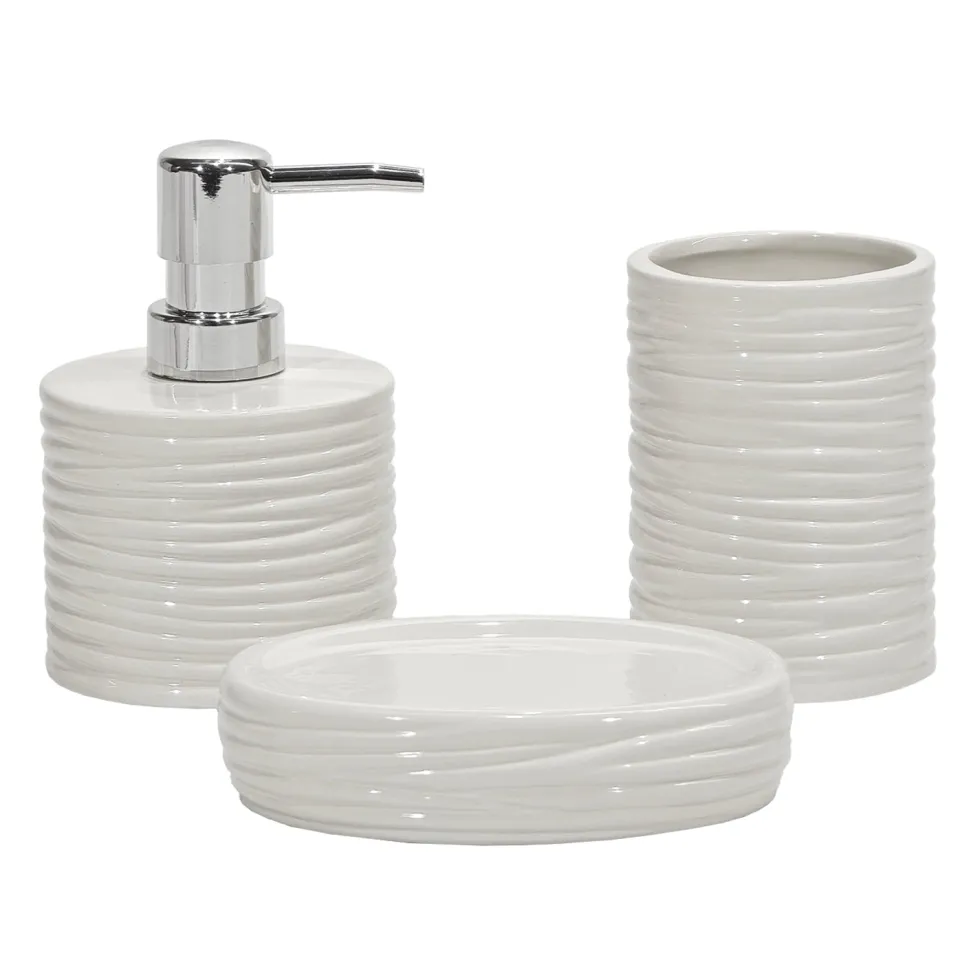 Set Bagno 3 pezzi in Ceramica Bianca Finitura a rilievo Effetto Ondulato
