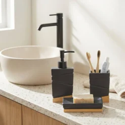 Set Bagno 3 pezzi in Ceramica Nera e Bamboo Design Geometrico