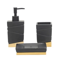 Set Bagno 3 pezzi in Ceramica Nera e Bamboo Design Geometrico
