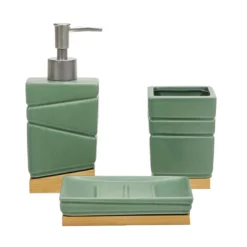Set Bagno 3 pezzi in Ceramica Verde e Bamboo Design Geometrico