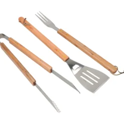 Set BBQ 3 pezzi Utensili Barbecue in acciaio inox e manico allungato in legno