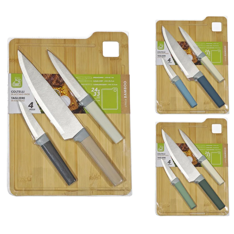Set Coltelli in Acciaio Inox con Tagliere in Bambù 4 Pezzi Linea Bamboo
