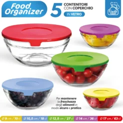 Set 5 Contenitori Food Organizer in Vetro con Coperchio Colorato Salvaspazio