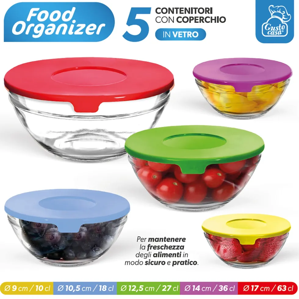 Set 5 Contenitori Food Organizer in Vetro con Coperchio Colorato Salvaspazio