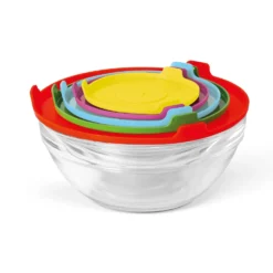 Set 5 Contenitori Food Organizer in Vetro con Coperchio Colorato Salvaspazio