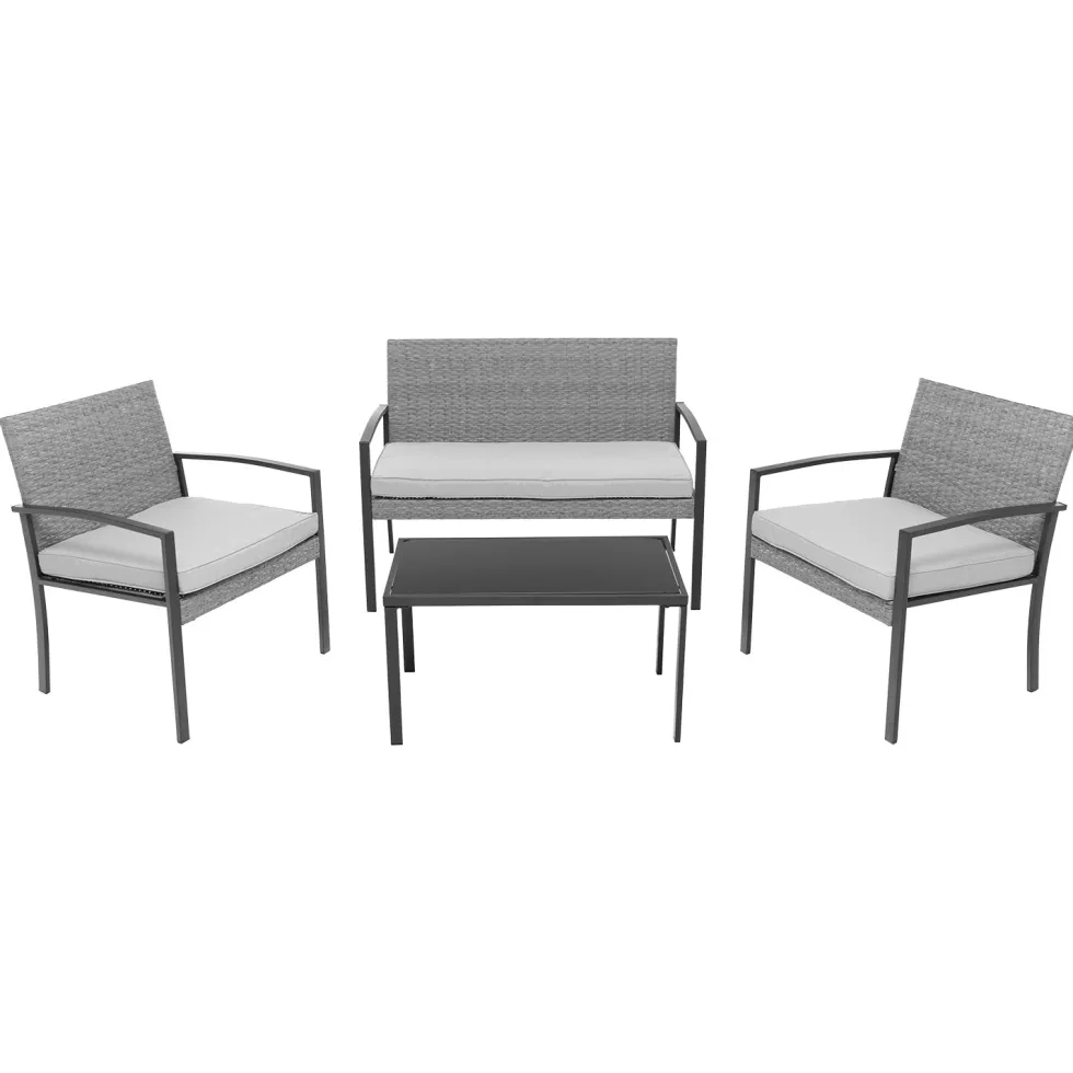 Set da giardino 4 pezzi Antracite Rattan sintetico con struttura in acciaio, top in vetro e cuscini Grigio