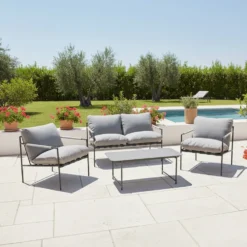 Set da giardino 4 pezzi con Struttura in Acciaio Antracite, top in vetro e cuscini Grigio Chiaro