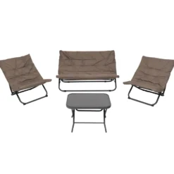 Set da giardino 4 pezzi con Struttura in Acciaio Antracite, Tavolino con top in vetro e cuscini Tortora