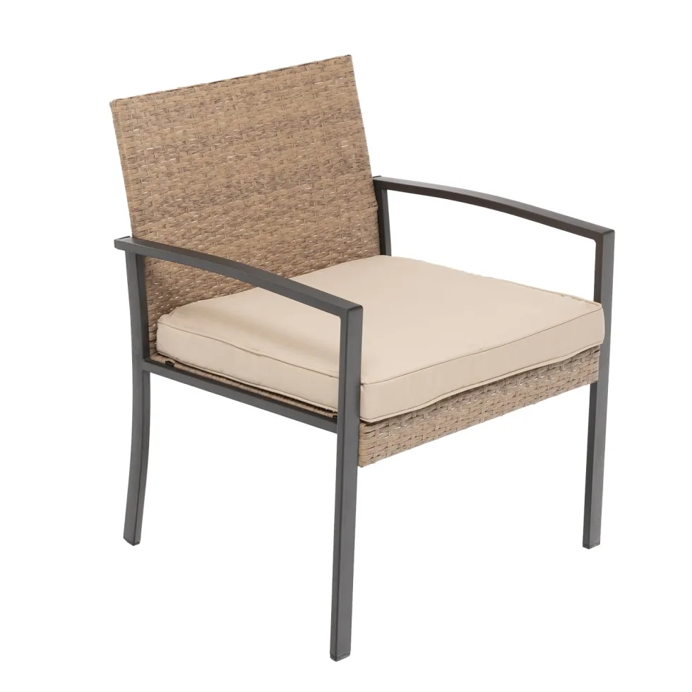 Set da giardino 4 pezzi Effetto Legno Rattan sintetico con struttura in acciaio, top in vetro e cuscini Beige