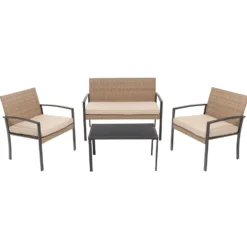 Set da giardino 4 pezzi Effetto Legno Rattan sintetico con struttura in acciaio, top in vetro e cuscini Beige