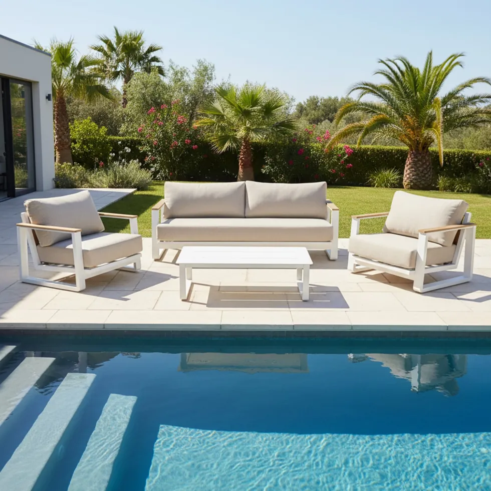 Set da giardino 4 pezzi Struttura in Alluminio Bianco, braccioli in Polywood e cuscini Beige