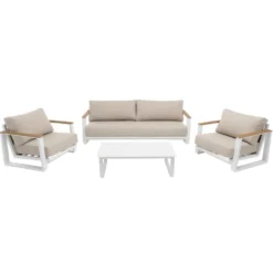 Set da giardino 4 pezzi Struttura in Alluminio Bianco, braccioli in Polywood e cuscini Beige