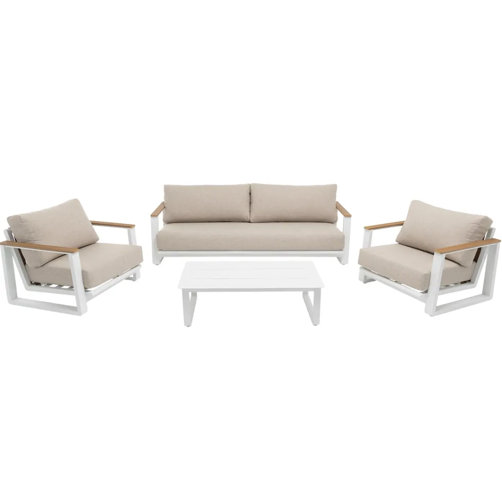 Set da giardino 4 pezzi Struttura in Alluminio Bianco, braccioli in Polywood e cuscini Beige